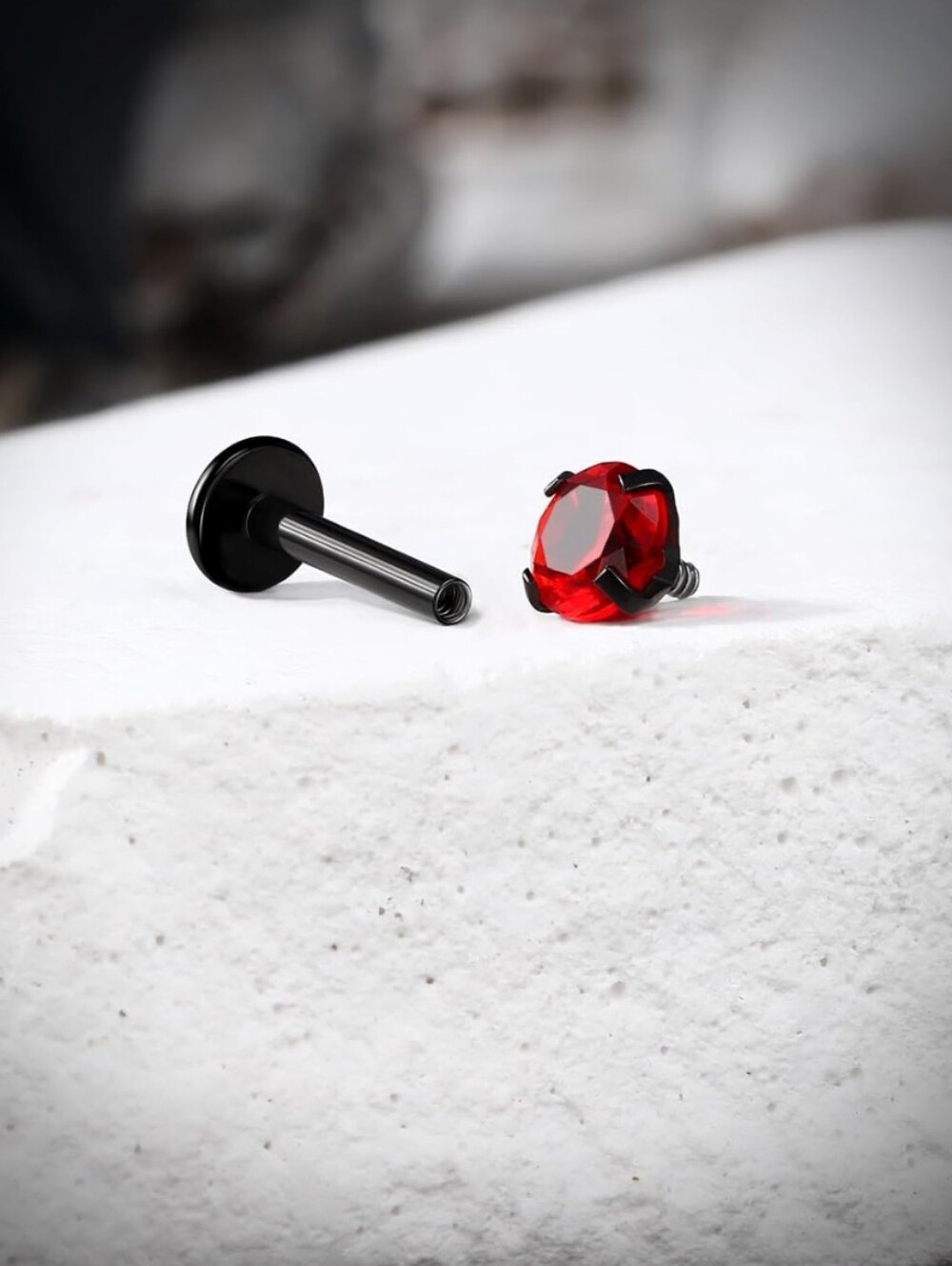 Black Labret Stud with Red Gem - Classic Ear/Facial Jewelry